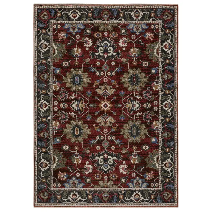10' X 13' Red Blue And Charcoal Oriental Area Rug With Fringe