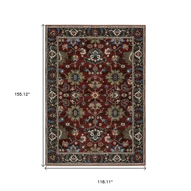 10' X 13' Red Blue And Charcoal Oriental Area Rug With Fringe
