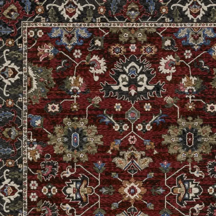 10' X 13' Red Blue And Charcoal Oriental Area Rug With Fringe