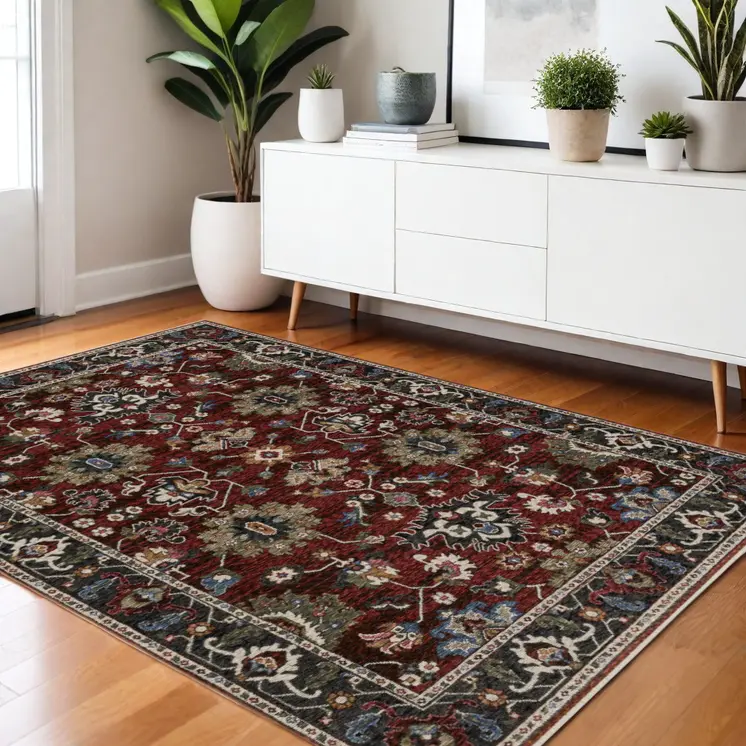 4' X 6' Red Blue And Charcoal Oriental Area Rug With Fringe