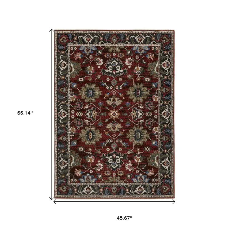 4' X 6' Red Blue And Charcoal Oriental Area Rug With Fringe