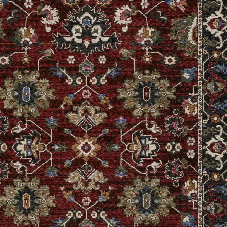 4' X 6' Red Blue And Charcoal Oriental Area Rug With Fringe
