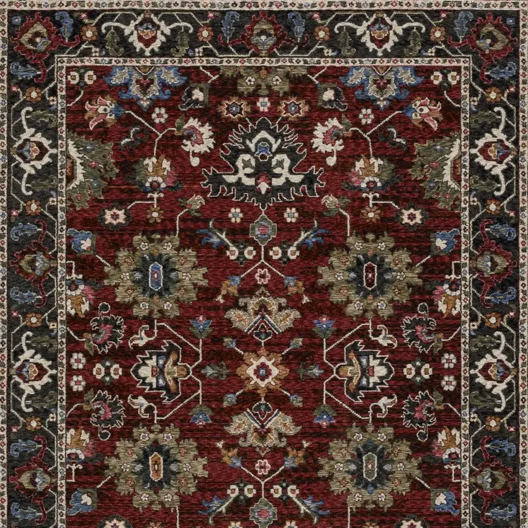 5' X 8' Red Blue And Charcoal Oriental Area Rug With Fringe