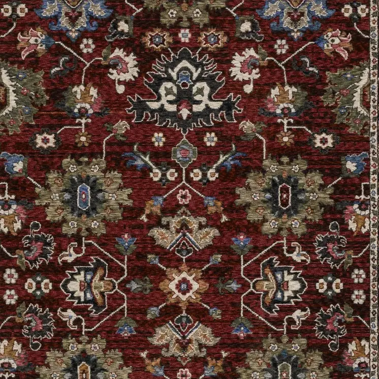 5' X 8' Red Blue And Charcoal Oriental Area Rug With Fringe
