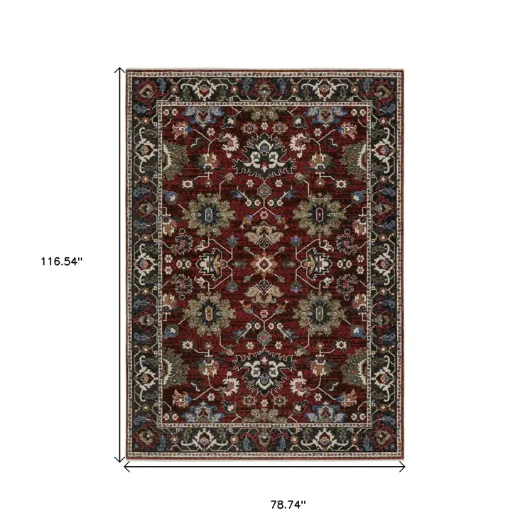 7' X 10' Red Blue And Charcoal Oriental Area Rug With Fringe