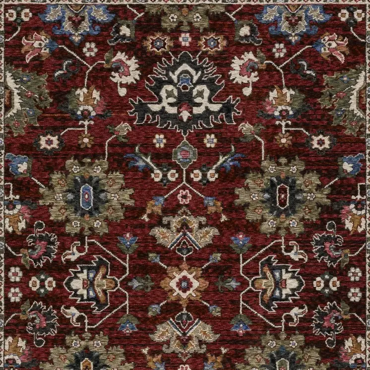 7' X 10' Red Blue And Charcoal Oriental Area Rug With Fringe
