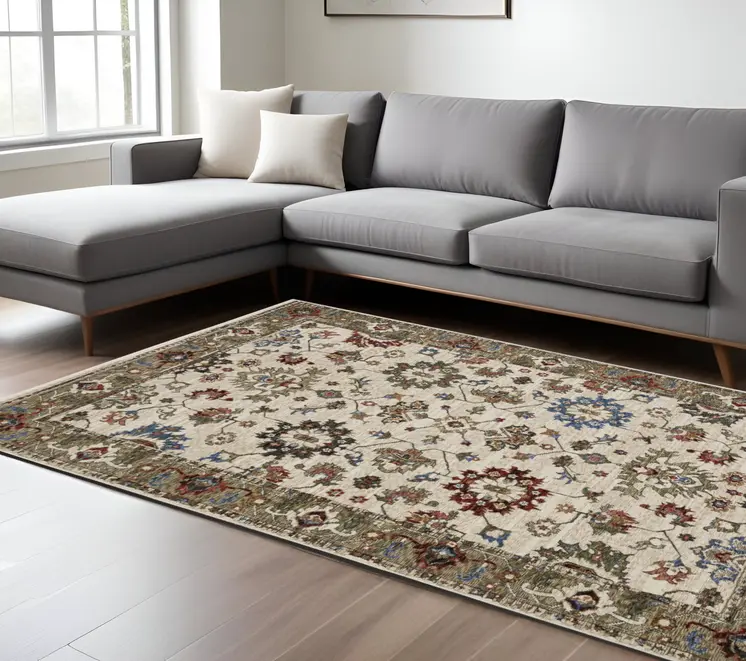 10' X 13' Ivory And Green Oriental Area Rug With Fringe