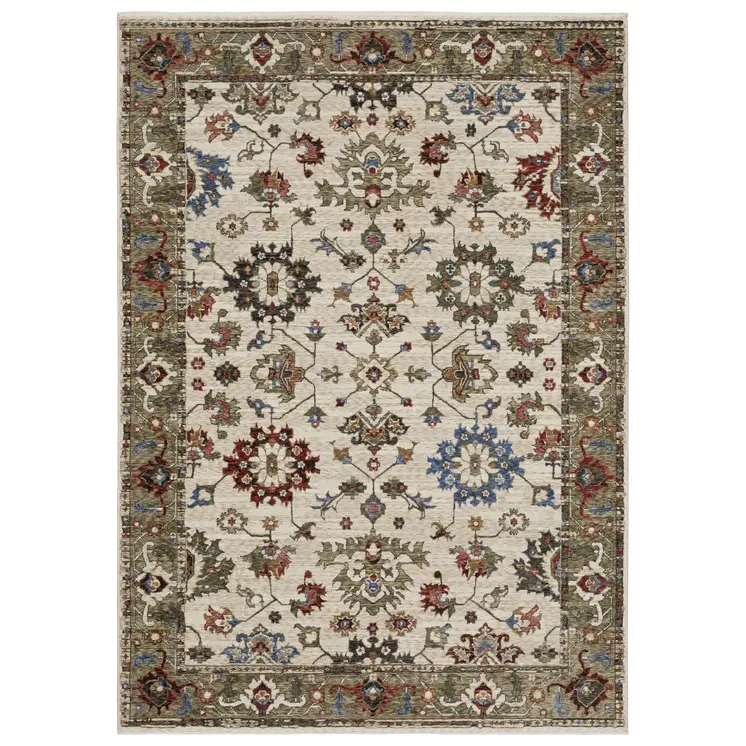 10' X 13' Ivory And Green Oriental Area Rug With Fringe