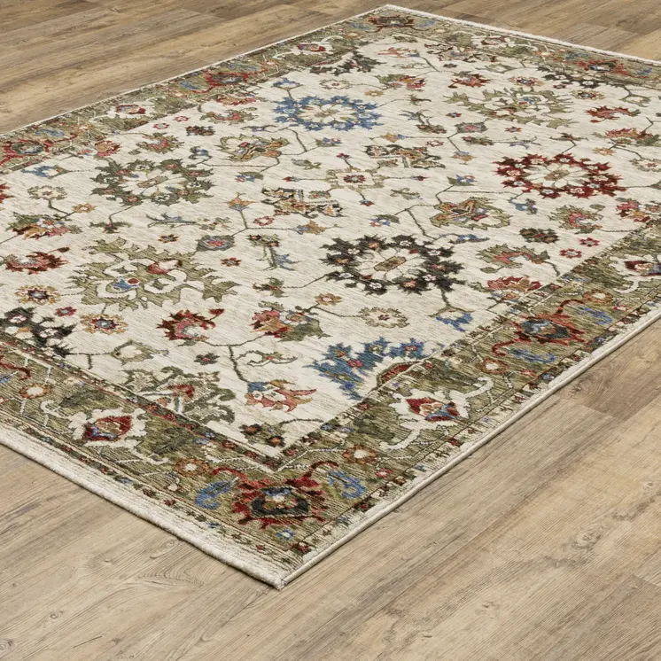 10' X 13' Ivory And Green Oriental Area Rug With Fringe