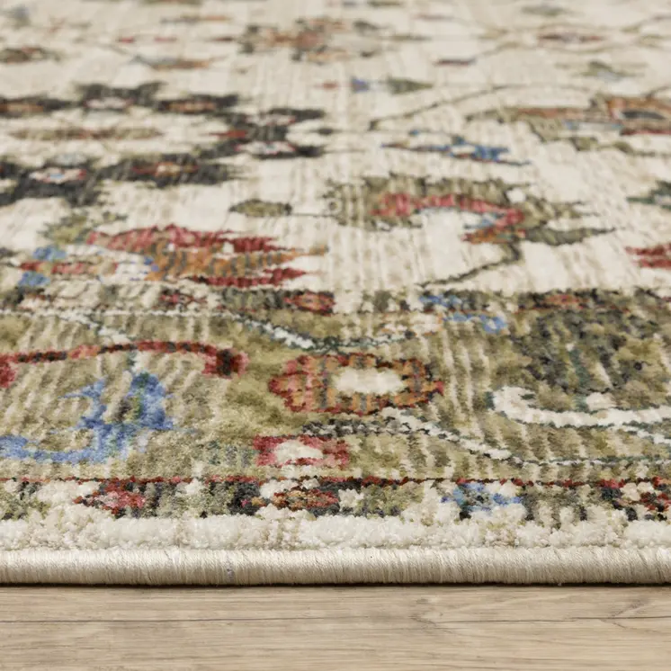 10' X 13' Ivory And Green Oriental Area Rug With Fringe