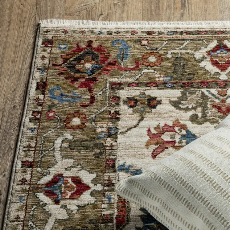 10' X 13' Ivory And Green Oriental Area Rug With Fringe