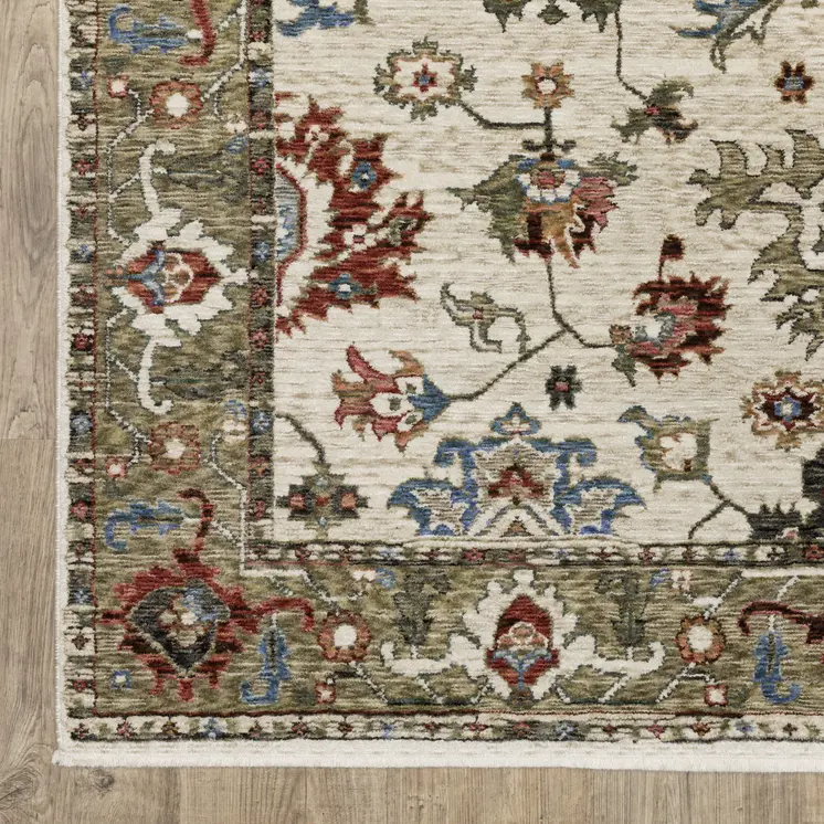 10' X 13' Ivory And Green Oriental Area Rug With Fringe
