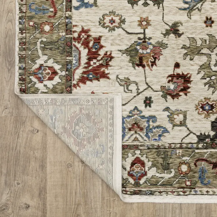 10' X 13' Ivory And Green Oriental Area Rug With Fringe