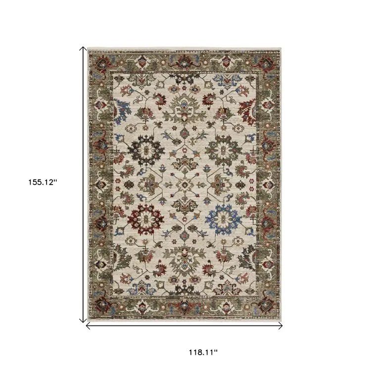 10' X 13' Ivory And Green Oriental Area Rug With Fringe