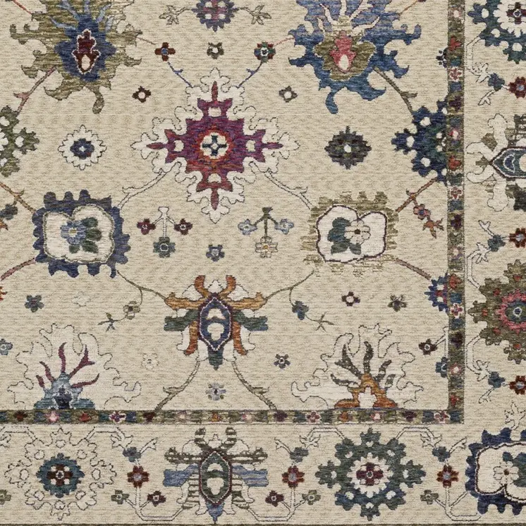 5' X 8' Ivory Blue And Gray Floral Area Rug With Fringe