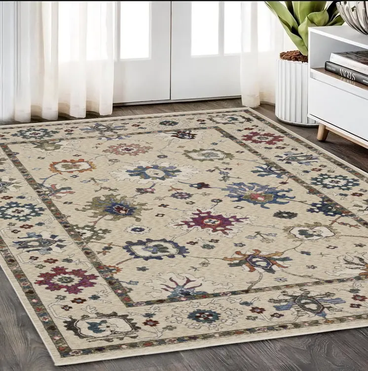 5' X 8' Ivory Blue And Gray Floral Area Rug With Fringe