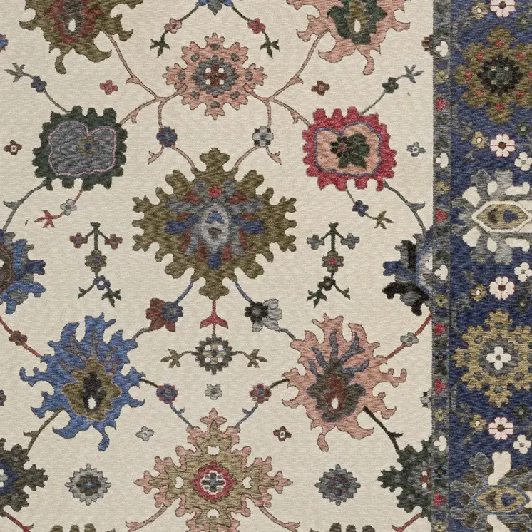 5' X 8' Blue And Ivory Floral Area Rug With Fringe