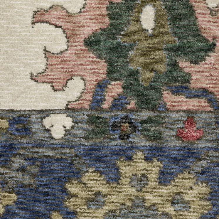 5' X 8' Blue And Ivory Floral Area Rug With Fringe