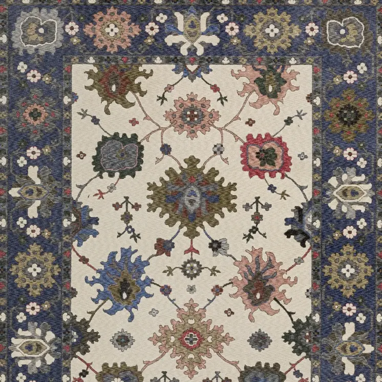 7' X 10' Blue And Ivory Floral Area Rug With Fringe