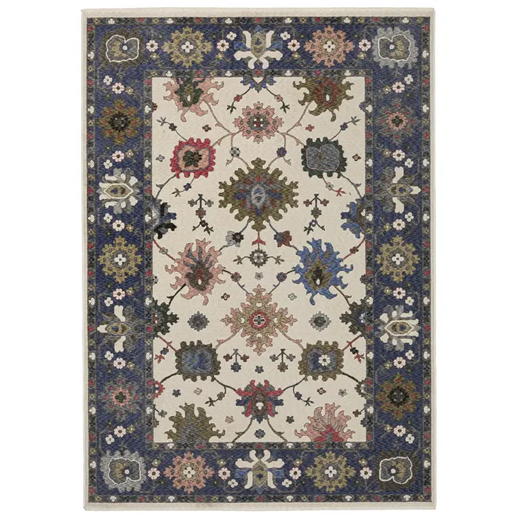 7' X 10' Blue And Ivory Floral Area Rug With Fringe