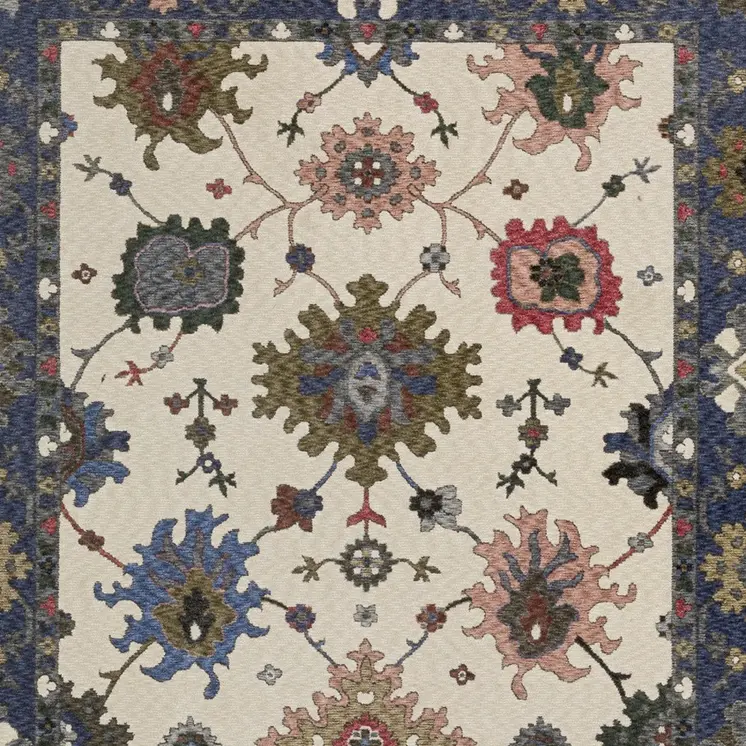8' X 11' Blue And Ivory Floral Area Rug With Fringe