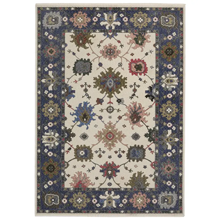 8' X 11' Blue And Ivory Floral Area Rug With Fringe