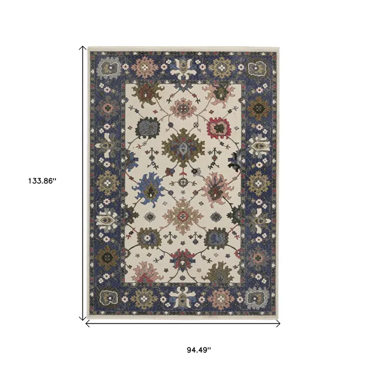 8' X 11' Blue And Ivory Floral Area Rug With Fringe