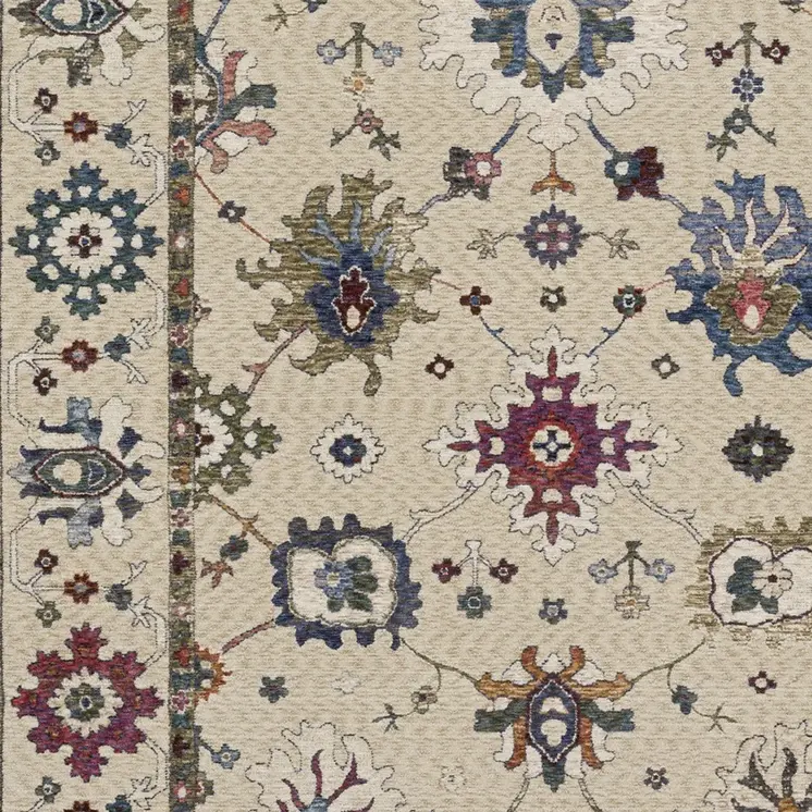 10' X 13' Ivory Blue And Light Brown Floral Area Rug With Fringe