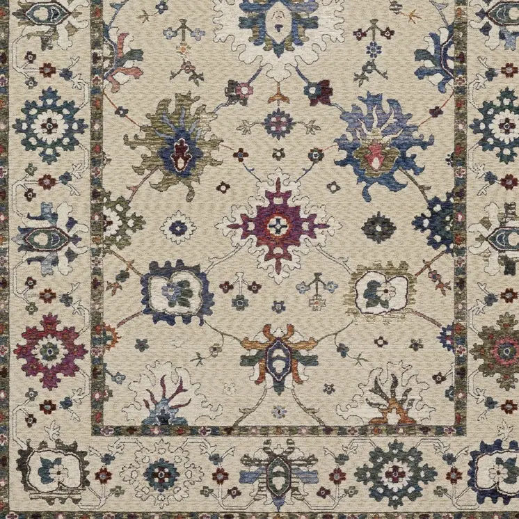 10' X 13' Ivory Blue And Light Brown Floral Area Rug With Fringe
