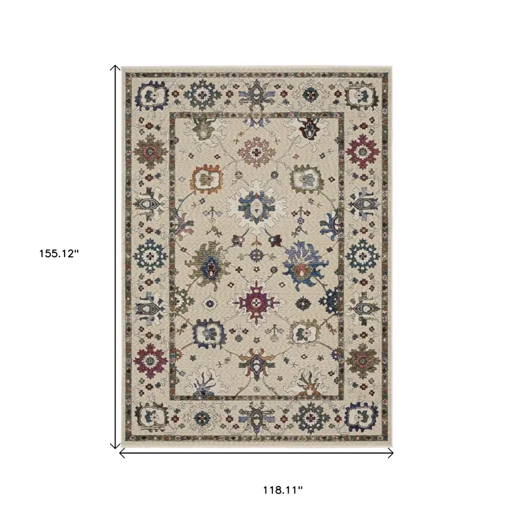 10' X 13' Ivory Blue And Light Brown Floral Area Rug With Fringe