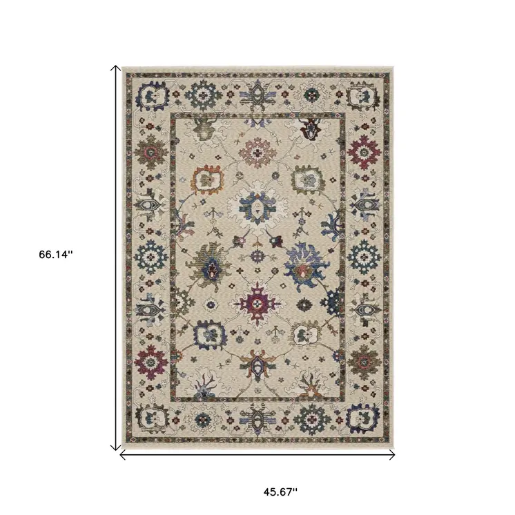 4' X 6' Ivory Blue And Light Brown Floral Area Rug With Fringe