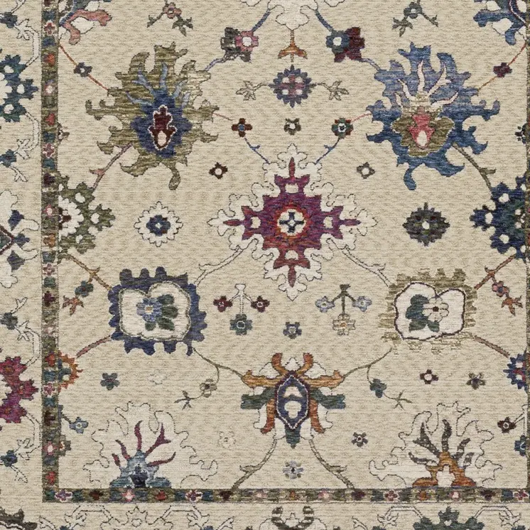 7' X 10' Ivory Blue And Light Brown Floral Area Rug With Fringe