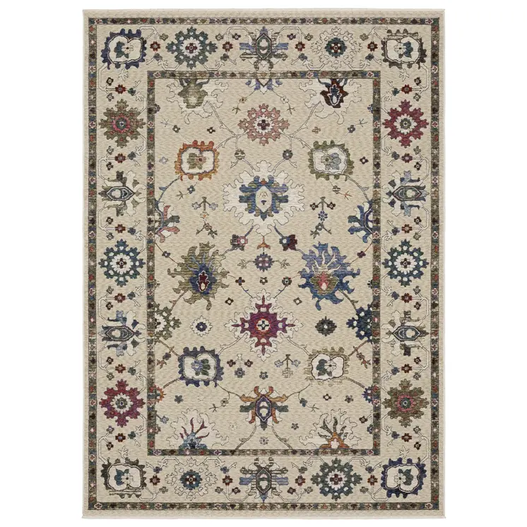 7' X 10' Ivory Blue And Light Brown Floral Area Rug With Fringe