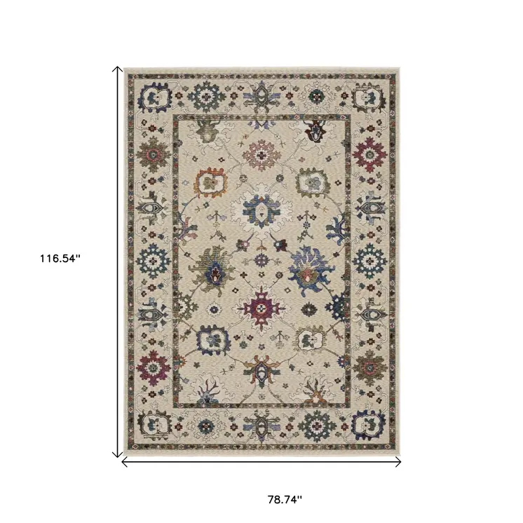 7' X 10' Ivory Blue And Light Brown Floral Area Rug With Fringe