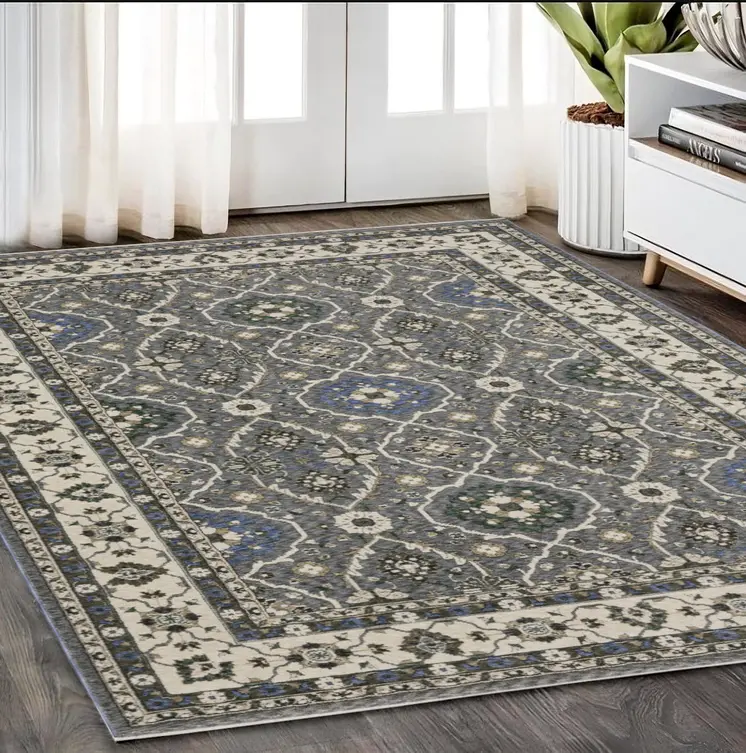 5' X 8' Blue And Gray Oriental Area Rug With Fringe