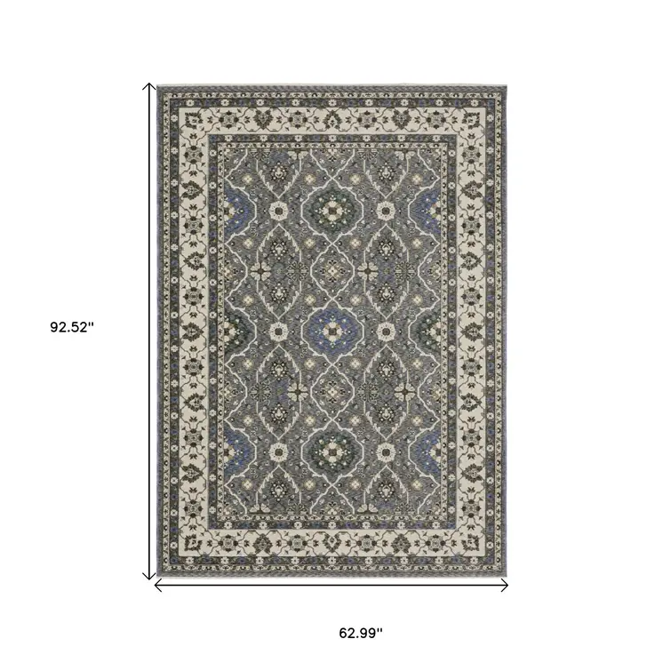 5' X 8' Blue And Gray Oriental Area Rug With Fringe