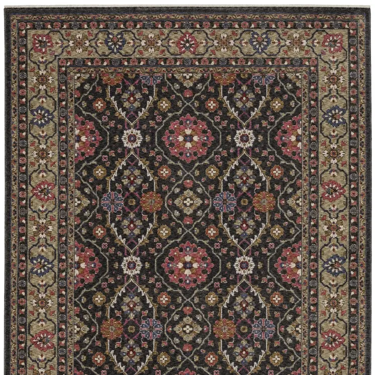 4' X 6' Charcoal And Pink Oriental Area Rug With Fringe