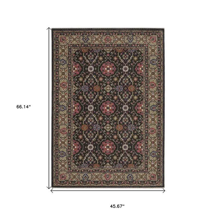 4' X 6' Charcoal And Pink Oriental Area Rug With Fringe