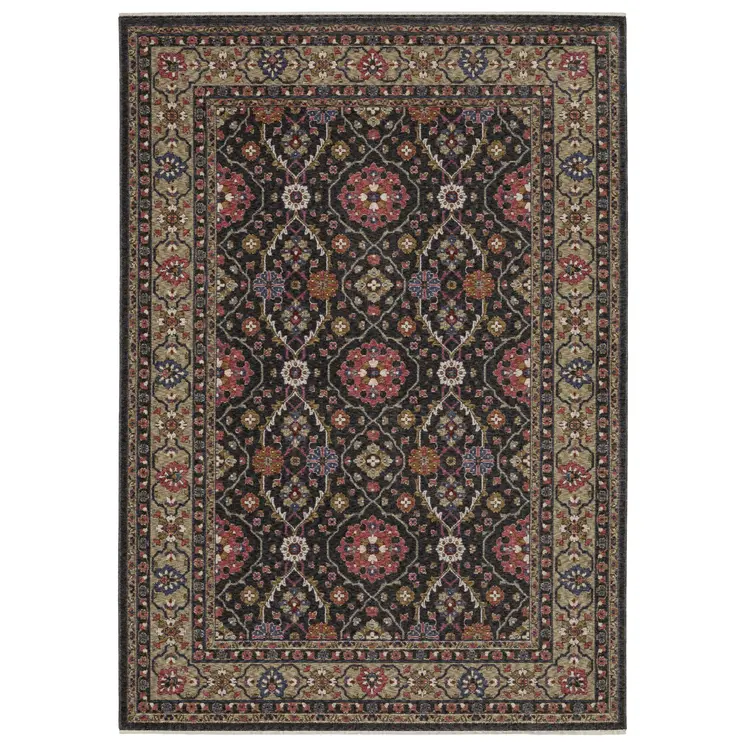 5' X 8' Charcoal And Pink Oriental Area Rug With Fringe