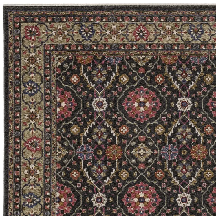 7' X 10' Charcoal And Pink Oriental Area Rug With Fringe