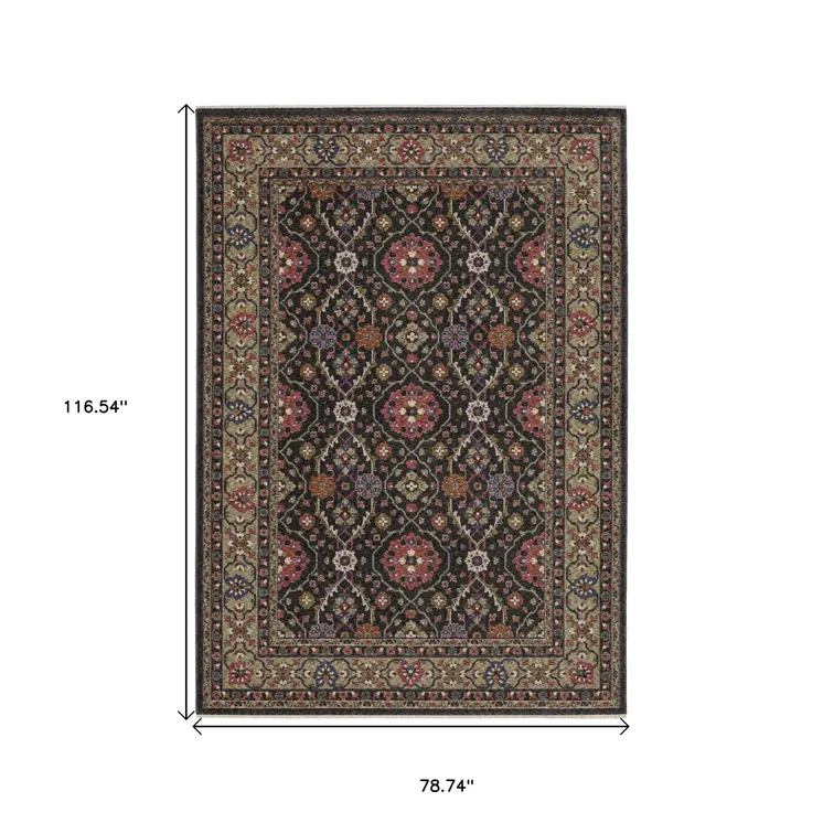 7' X 10' Charcoal And Pink Oriental Area Rug With Fringe