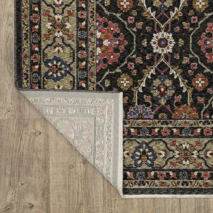 8' X 11' Charcoal And Pink Oriental Area Rug With Fringe