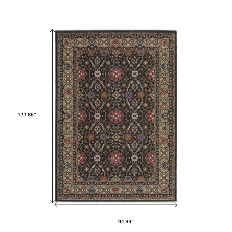 8' X 11' Charcoal And Pink Oriental Area Rug With Fringe