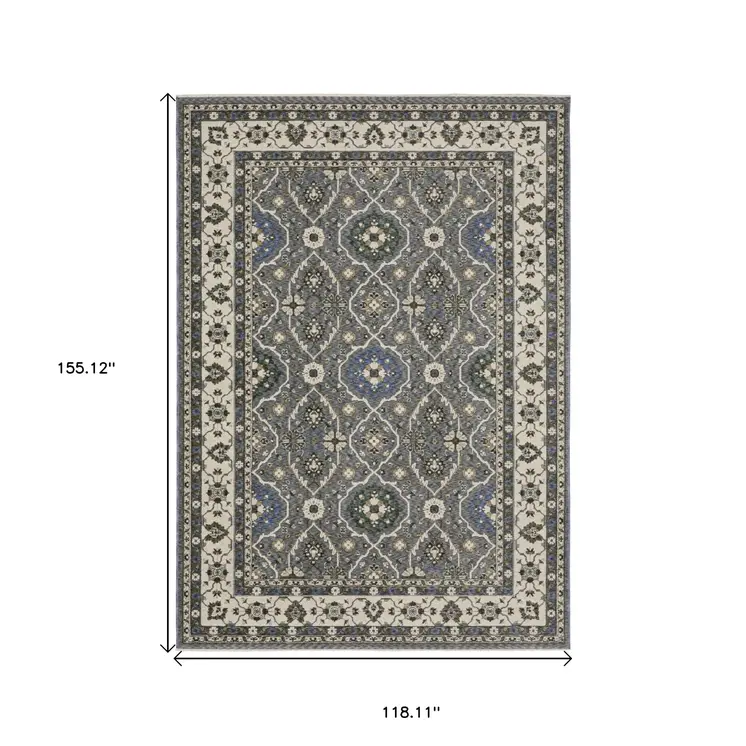 10' X 13' Blue And Gray Oriental Area Rug With Fringe