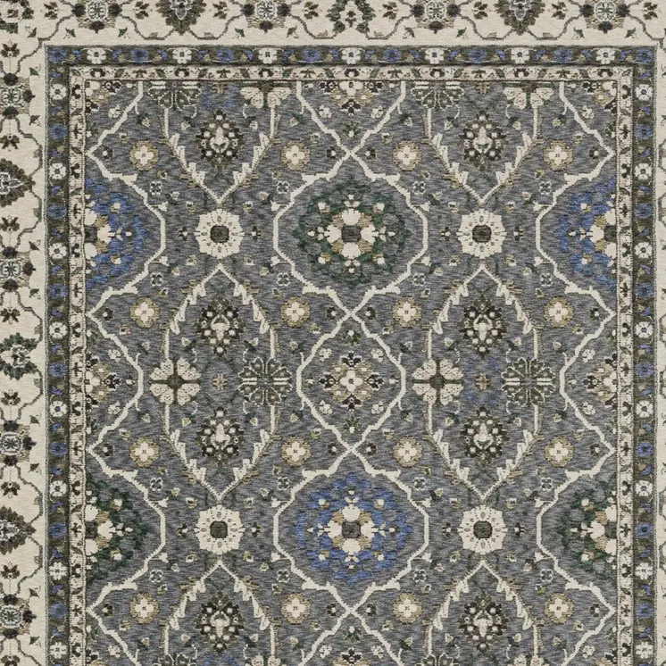 10' X 13' Blue And Gray Oriental Area Rug With Fringe