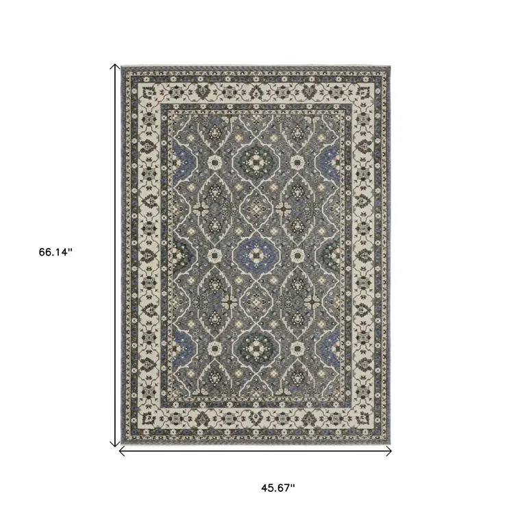 4' X 6' Blue And Gray Oriental Area Rug With Fringe
