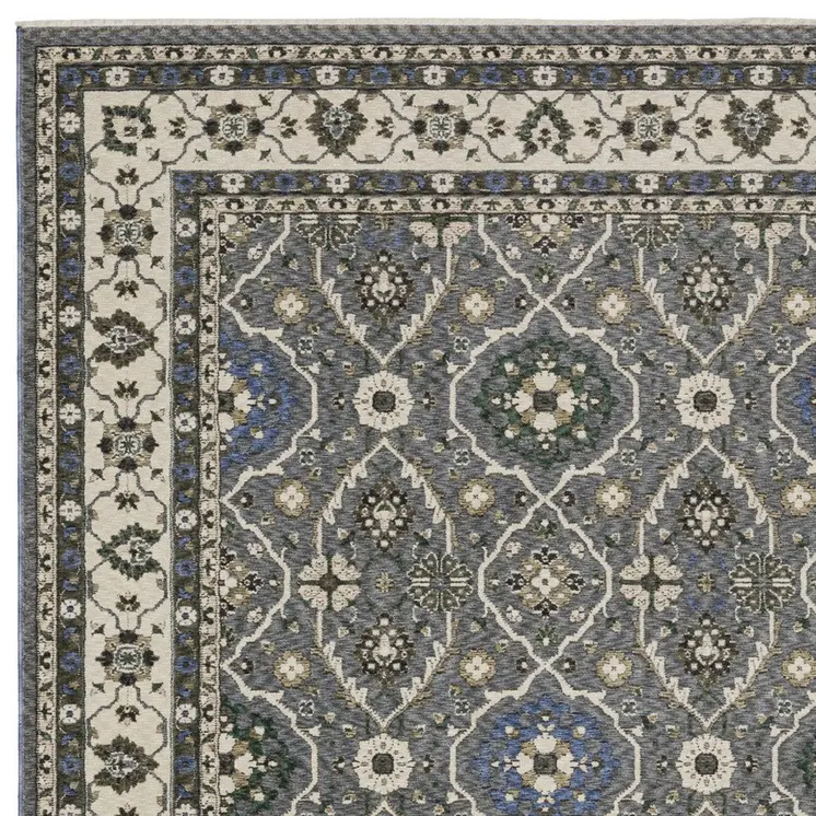 4' X 6' Blue And Gray Oriental Area Rug With Fringe