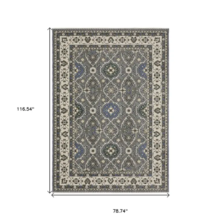 7' X 10' Blue And Gray Oriental Area Rug With Fringe