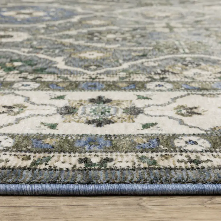 7' X 10' Blue And Gray Oriental Area Rug With Fringe
