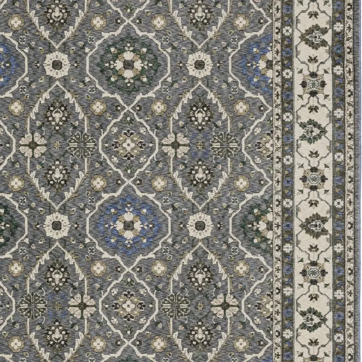 7' X 10' Blue And Gray Oriental Area Rug With Fringe